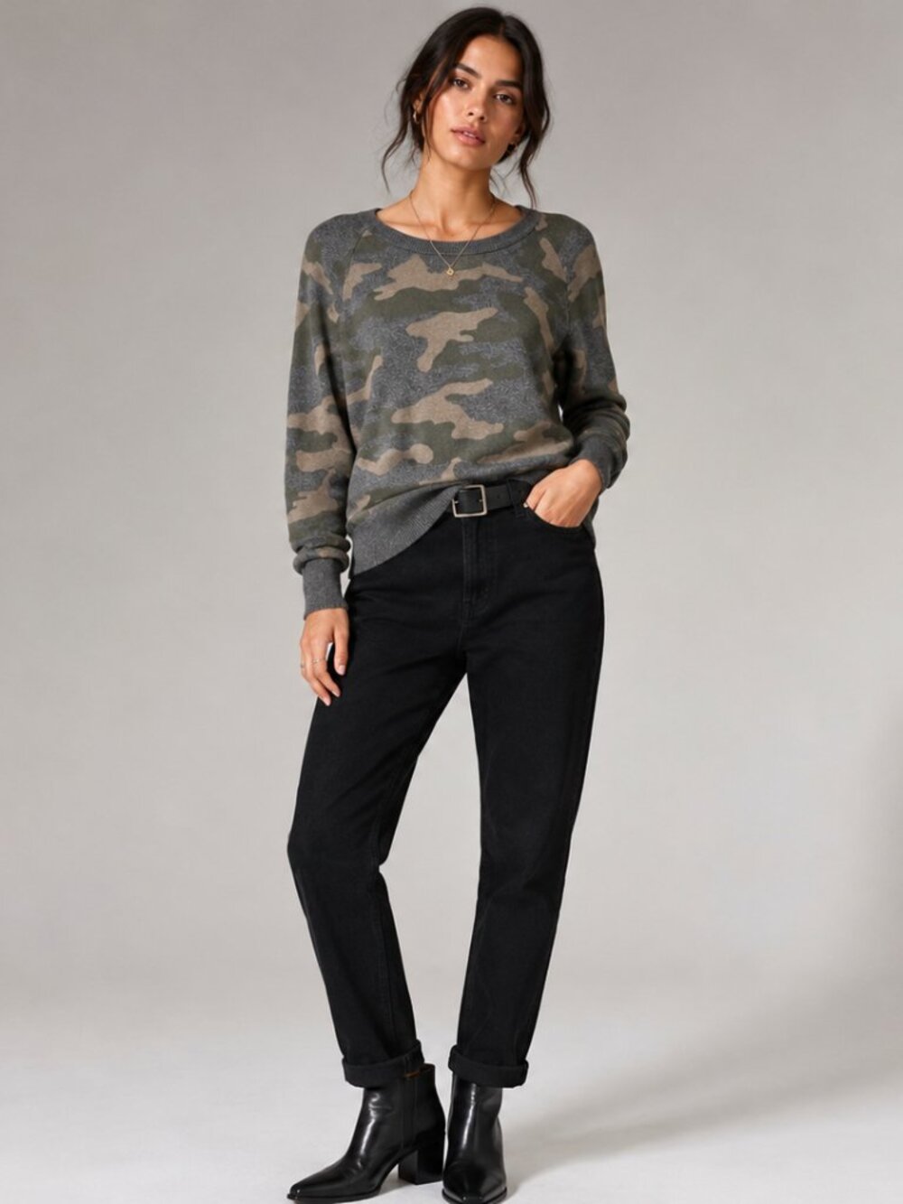 Camo Crewneck Sweater in Olive Gray